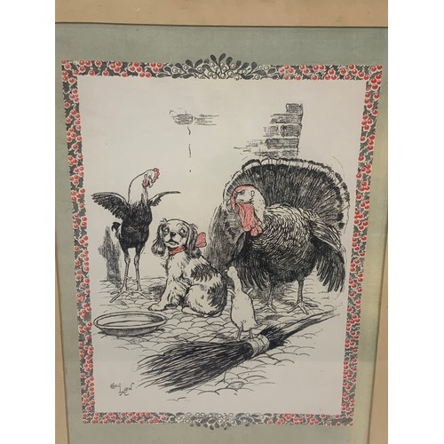 527 - Framed And Glazed Vintage Print By Cecil Aldin Of A Turkey Chicken Terrier. 47.5 x 37.5 cms Overall