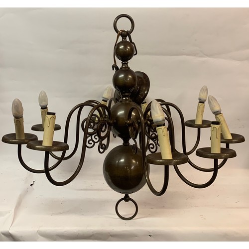 531 - Large Dutch Four Ball Nine Branch Bronze / Brass Chandelier. 90 x 81 cms