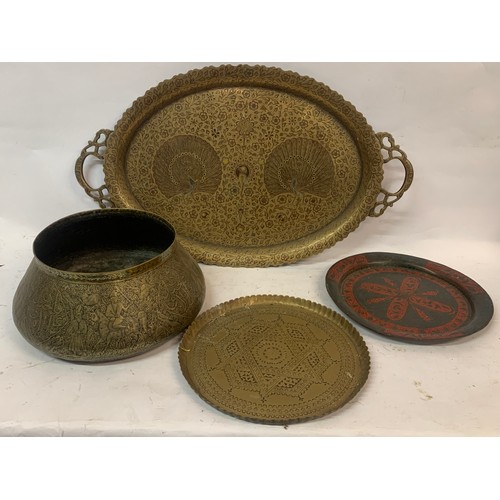 534 - Various Antique Brass Trays Along With A Large Decorative Eastern  Brass  Bowl , Two Handled Tray Me... 