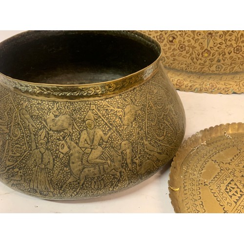 534 - Various Antique Brass Trays Along With A Large Decorative Eastern  Brass  Bowl , Two Handled Tray Me... 