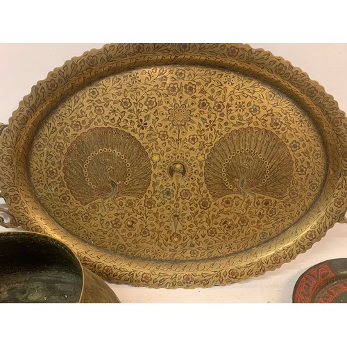 534 - Various Antique Brass Trays Along With A Large Decorative Eastern  Brass  Bowl , Two Handled Tray Me... 