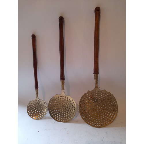 297 - 3 X Graduated Brass Straining spoons with wooden handles. largest 18cm wide 53cm long