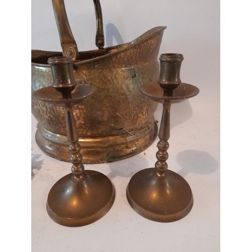 298 - Small Brass Trivet, Pair brass candlesticks 19cm high and small coal scuttle