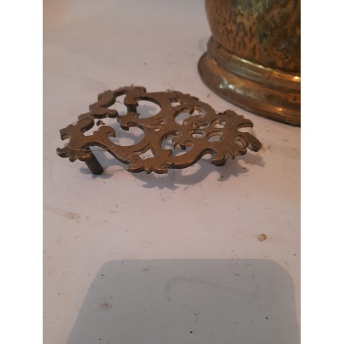 298 - Small Brass Trivet, Pair brass candlesticks 19cm high and small coal scuttle