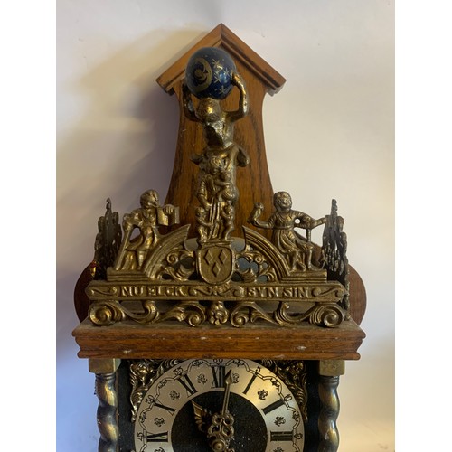 331 - Vintage Dutch Wall Clock With Weights And Pendulum. 66 x 29 cms