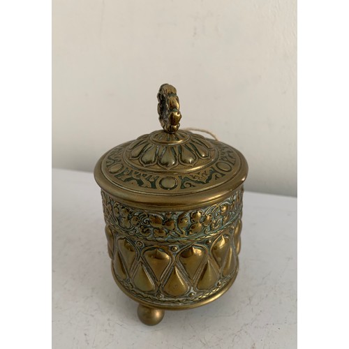 146 - 19thC Brass String Holder Having Relief Decoration And Reg no. 67233
8 cms diameter x 12 cms h