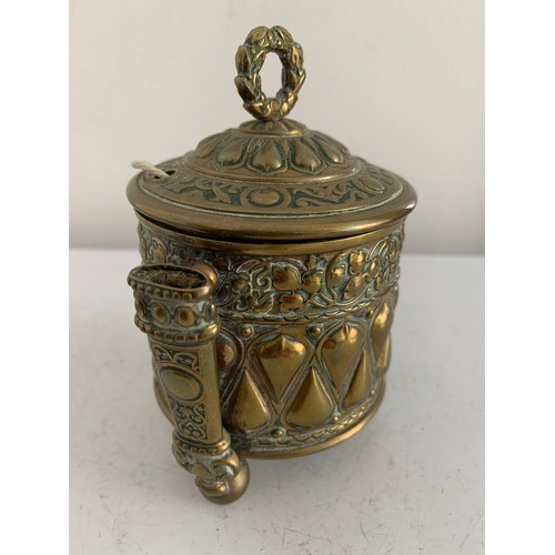 146 - 19thC Brass String Holder Having Relief Decoration And Reg no. 67233
8 cms diameter x 12 cms h