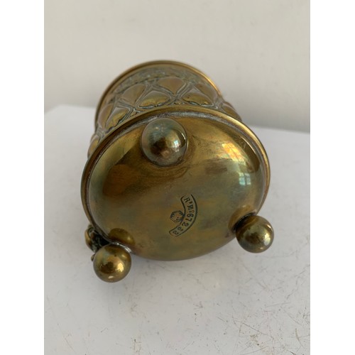 146 - 19thC Brass String Holder Having Relief Decoration And Reg no. 67233
8 cms diameter x 12 cms h