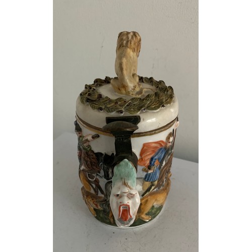 102 - Vintage Capodimonte Large Porcelain Tankard Having Lion Finial
11 cms diameter x 21 cms h