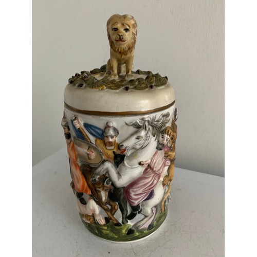 102 - Vintage Capodimonte Large Porcelain Tankard Having Lion Finial
11 cms diameter x 21 cms h