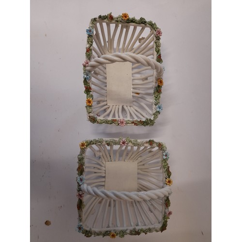 396 - 2 x porcelain Bon Bon baskets with decorative flowers 13cm x 13cm and 15cm x 12cm