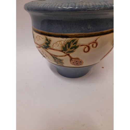 394 - Large Jardiniere with floral design and blue borders 28cm x 23cm