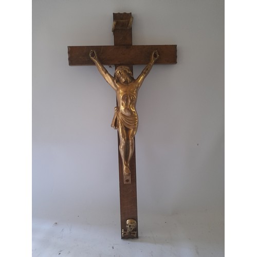 369 - Large Christ on cross. metal Christ on wooden cross 64cm x 30cm