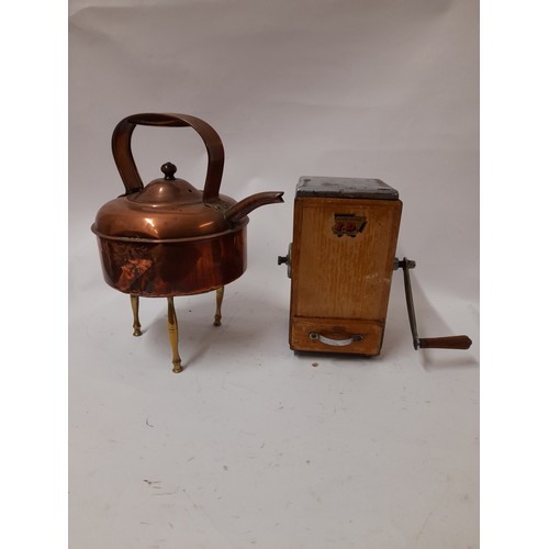 451 - Small copper kettle, small brass trivet and a coffee grinder. Coffee grinder 22cm tall