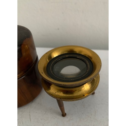 121 - Antique 3 Legged Brass Card Map Reading Loupe Magnifying Glass In Original Wooden Case