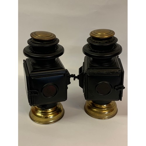 158 - A Pair Of Good Quality Antique Car / Carriage   Oil Burning Lamps With Flat Bases. 27 cms High (2)