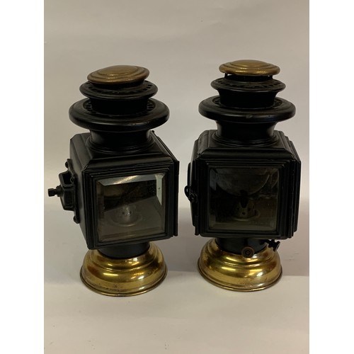 158 - A Pair Of Good Quality Antique Car / Carriage   Oil Burning Lamps With Flat Bases. 27 cms High (2)