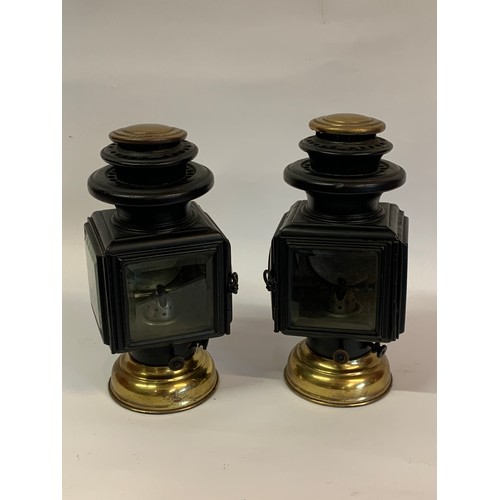 158 - A Pair Of Good Quality Antique Car / Carriage   Oil Burning Lamps With Flat Bases. 27 cms High (2)