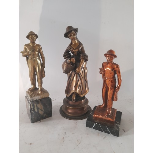 16 - 3 x figures. 2 x Miners on marble bases and and a Bronzed maiden with basket of flowers. Largest 23c... 