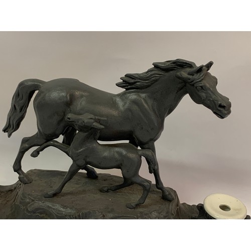 170 - A Large Vintage Pewter Desk Inkwell With Horse And Foul Decoration. 44 x 26.5 cms