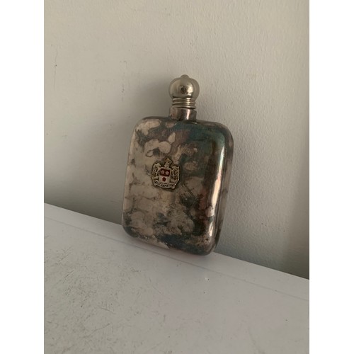 114 - Vintage Silver Plated Drinking Flask Having A Motif  From Southampton 
16 cms h