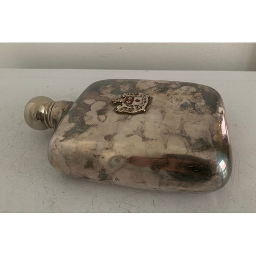 114 - Vintage Silver Plated Drinking Flask Having A Motif  From Southampton 
16 cms h