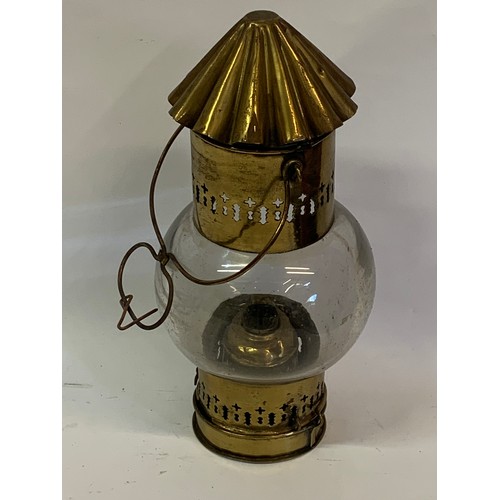 176 - A Vintage Brass And Glass Nautical Lamp With Internal Burner . 30 cms High Without Handle.