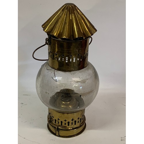 176 - A Vintage Brass And Glass Nautical Lamp With Internal Burner . 30 cms High Without Handle.