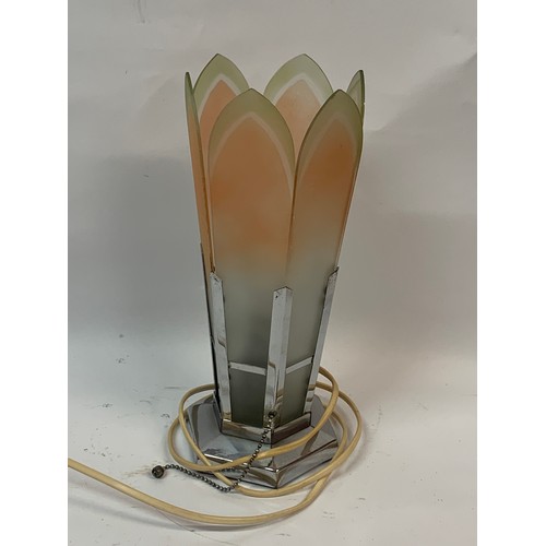 190 - Art Deco Table Lamp Of Chrome And Glass Leaf Construction.  31 cms High