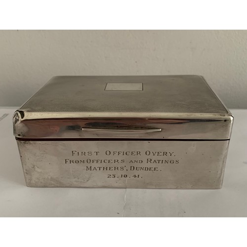 118 - Hallmarked Silver Cigarette Box London 1939 Engraved ‘First Officer Overy From Officers And Ratings ... 