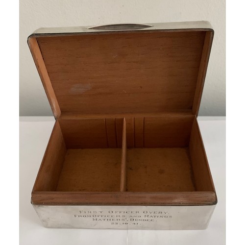 118 - Hallmarked Silver Cigarette Box London 1939 Engraved ‘First Officer Overy From Officers And Ratings ... 