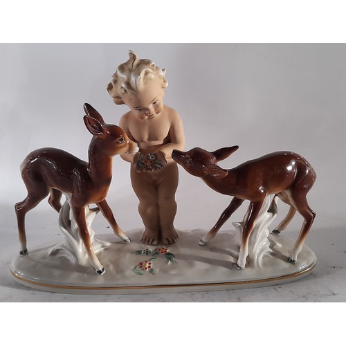 45 - 3 Decorative items to include Ltd Ed Stein 26cm high, 2 lovers and a Putti feeding fawns