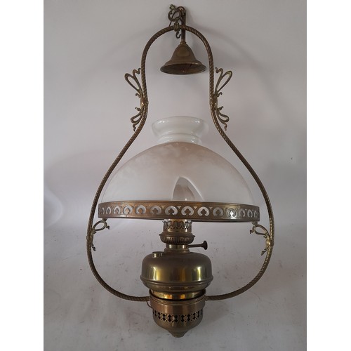 48 - electric  hanging oil lamp style lamp with damage to white shade as seen in photo, 74cm high x 42cm ... 