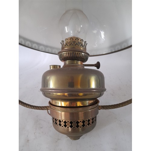 48 - electric  hanging oil lamp style lamp with damage to white shade as seen in photo, 74cm high x 42cm ... 