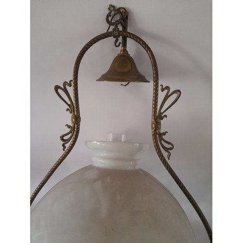 48 - electric  hanging oil lamp style lamp with damage to white shade as seen in photo, 74cm high x 42cm ... 