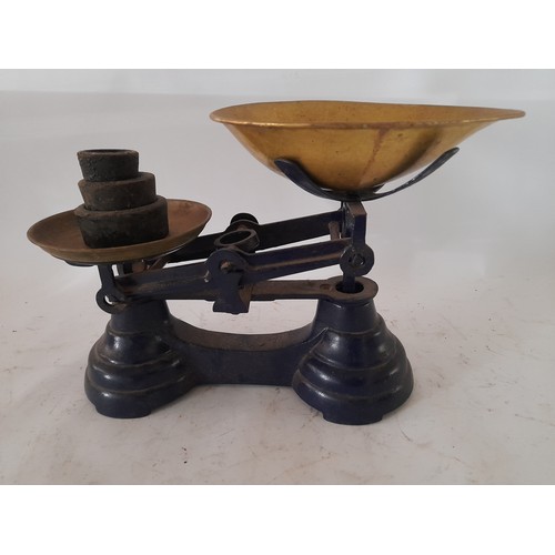 62 - Set of blue metal Balance Scales 26cm long with 3 x weights