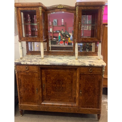 46 - French Art Deco Style Walnut Veneer Sideboard Server / Mirror Back Buffet With Marble Supports And G... 