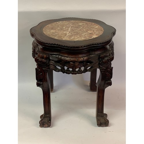 37 - Vintage Chinese Carved Wood And Marble Top Plant Stand / Torchiere .43 x 43 x 46 cms