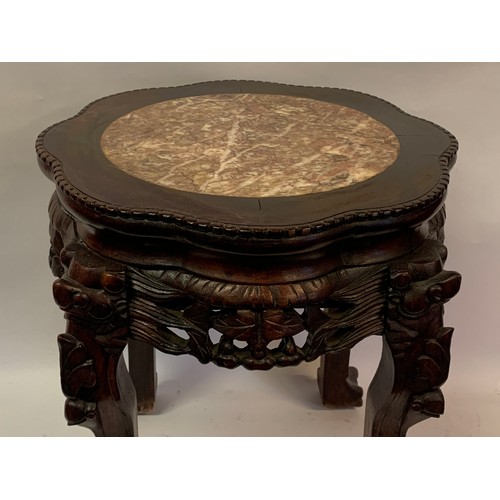 37 - Vintage Chinese Carved Wood And Marble Top Plant Stand / Torchiere .43 x 43 x 46 cms