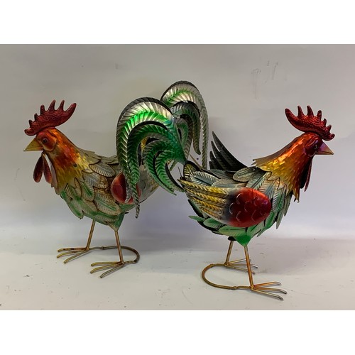 195 - A Pair Of Painted Metal Chickens. 36 x 41 cms