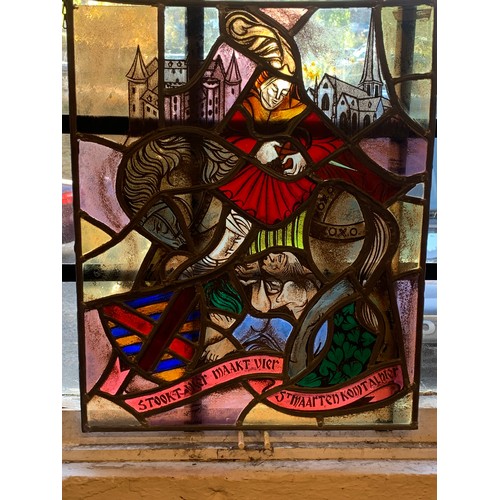 196 - Lead And Stained Glass Panel Signed Top Right. 49  X 60cms