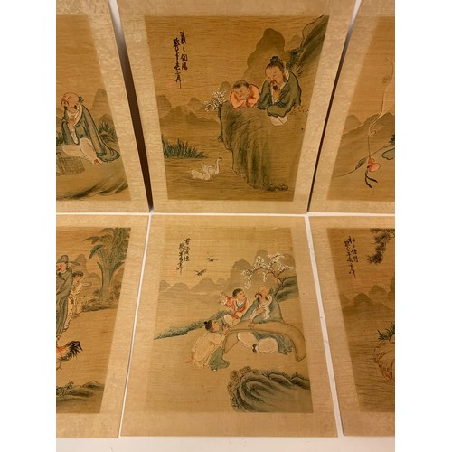 310 - Six Japanese Mounted Silk On Paper  Paintings Of Various Scenes Of Children With A Elder. 26 x 21 cm... 