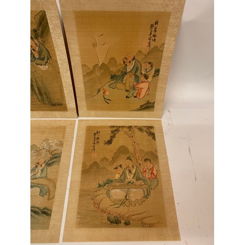 310 - Six Japanese Mounted Silk On Paper  Paintings Of Various Scenes Of Children With A Elder. 26 x 21 cm... 