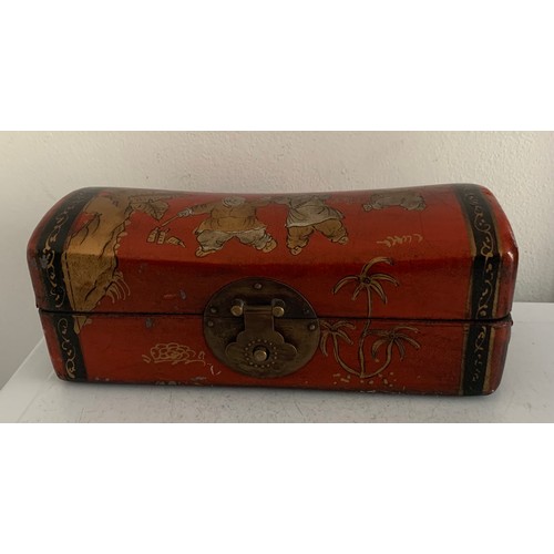 239 - Vintage Oriental Red Laquered Jewellery Box Having Gilded Figures And Brass Lock And Handles
25 x 9.... 