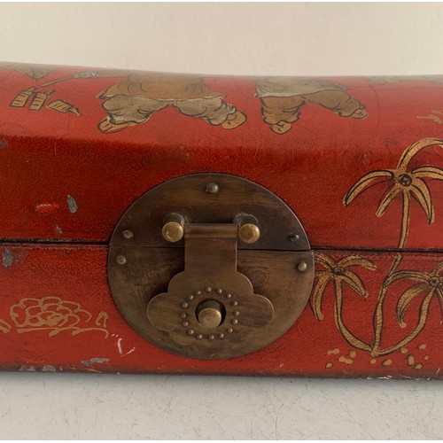 239 - Vintage Oriental Red Laquered Jewellery Box Having Gilded Figures And Brass Lock And Handles
25 x 9.... 