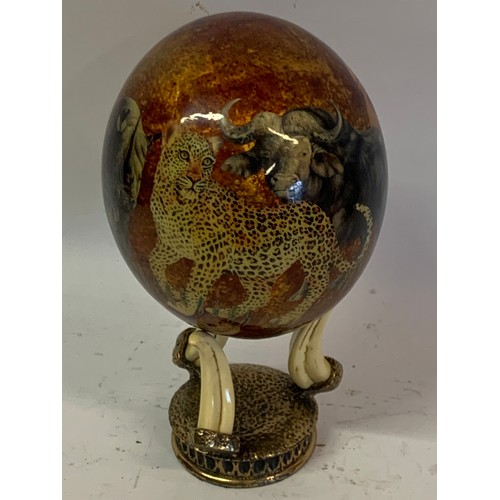 291 - Mounted Ostrich Egg Hand Painted With The Big Five . 24 cms  Total Height.