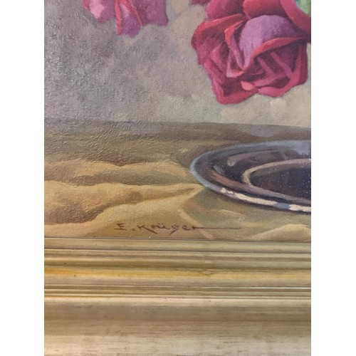 249 - Vintage Signed And Framed Floral Oil Painting On Canvas By E Kruger.
48 x 38 cms