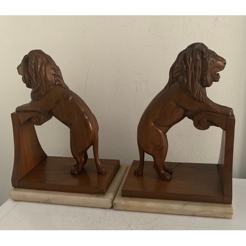 250 - Pair Of Vintage Book Ends Having Hand Carved Wood Lion Statues And Marble Bases Signed And Dated 194... 