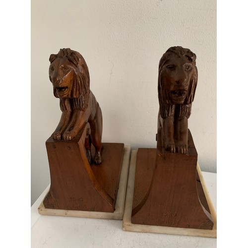 250 - Pair Of Vintage Book Ends Having Hand Carved Wood Lion Statues And Marble Bases Signed And Dated 194... 