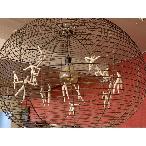 465 - Large Antique Bird Cage Converted To A Light With Additional Ceramic  Figures Hanging From The Insid... 